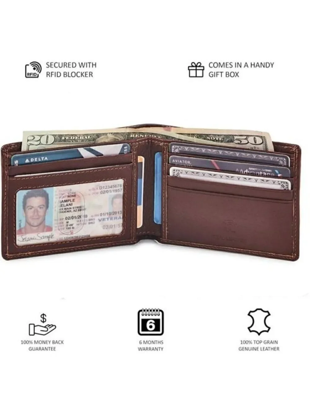 Real Leather Mens Bifold Wallet RFID Blocking Slim Minimalist Pocket Thin BROWN